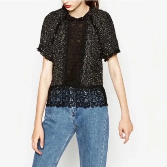 Zara Tweed & Lace Textured Short Sleeve Raw Hem Top Black Size Small - Picture 12 of 12